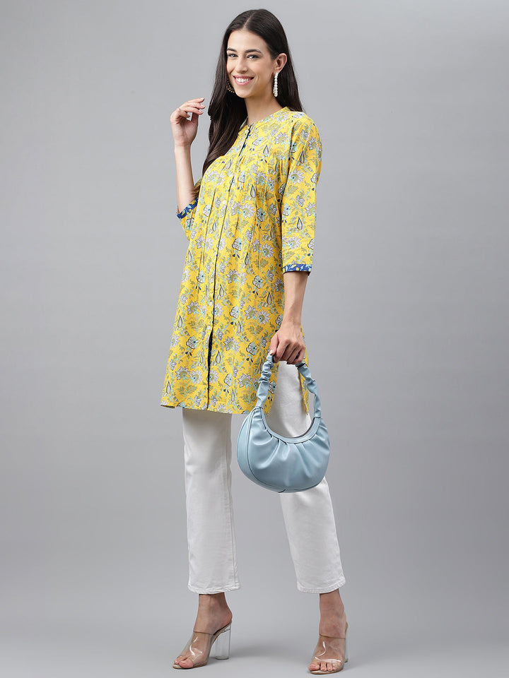 ZERESOUQ-Yellow-Cotton-Floral-Print-Empire-Tunic-Top