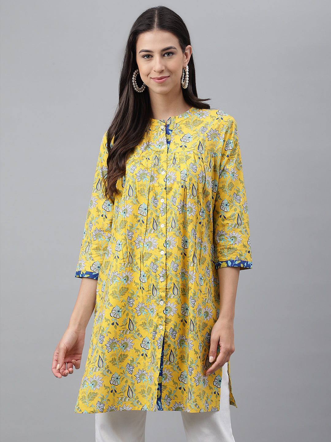 ZERESOUQ-Yellow-Cotton-Floral-Print-Empire-Tunic-Top