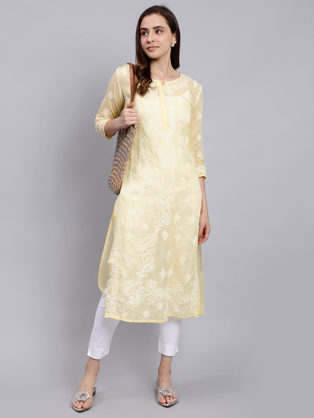 Yellow Cotton Lucknowi Chikankari Embroidered Kurti