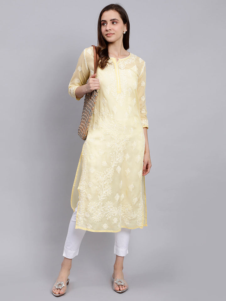 Yellow Cotton Lucknowi Chikankari Embroidered Kurti