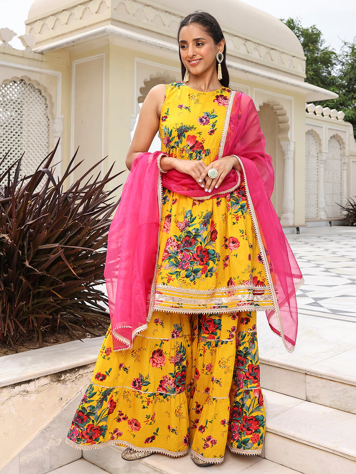 Yellow Cotton Printed Sharara Set with Pink Dupatta