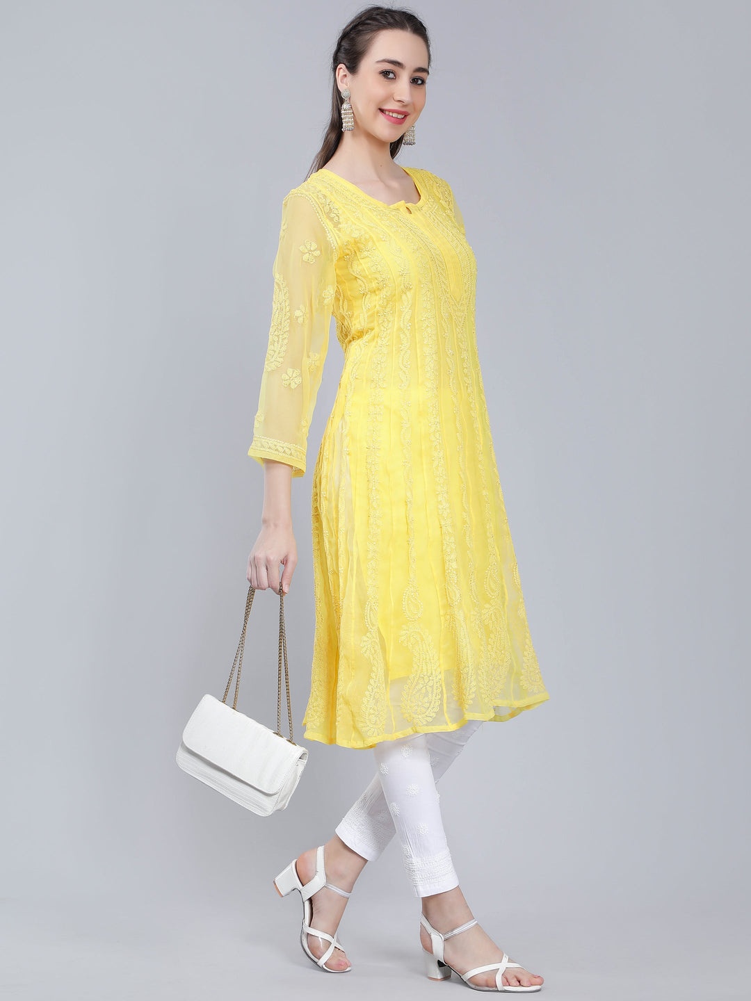 Yellow-Georgette-Chikan-Anarkali-Kurta-Only
