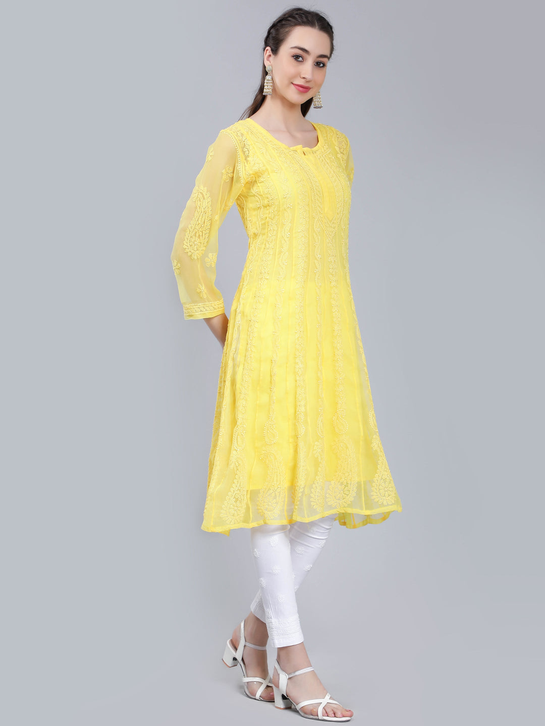 Yellow-Georgette-Chikan-Anarkali-Kurta-Only