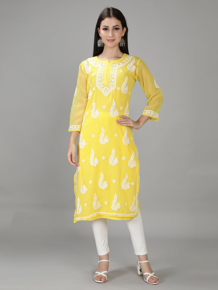 Yellow Georgette Chikan Kurta & Inner Slip