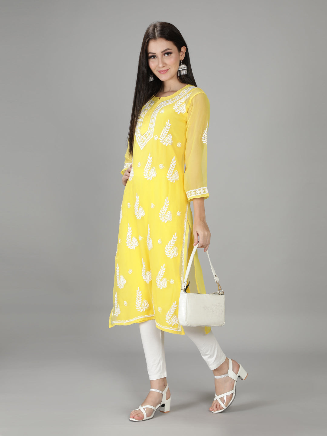 Yellow Georgette Chikan Kurta & Inner Slip