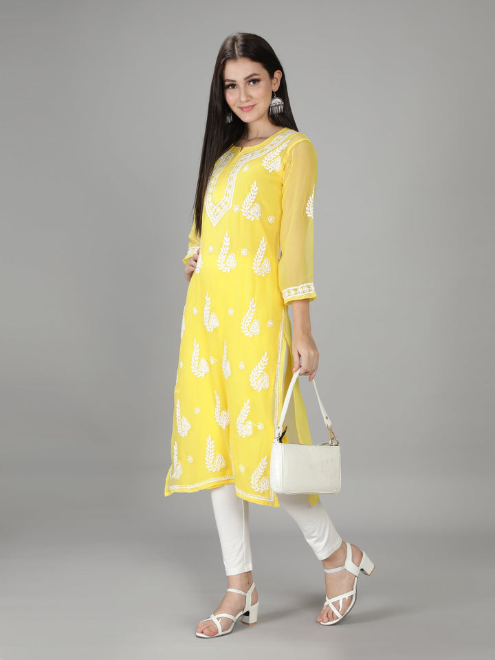 Yellow Georgette Chikan Kurta & Inner Slip