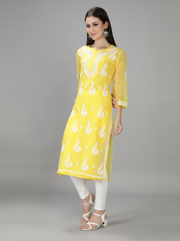 Yellow Georgette Chikan Kurta & Inner Slip