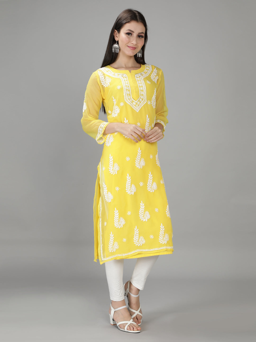 Yellow Georgette Chikan Kurta & Inner Slip