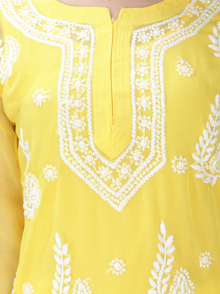 Yellow Georgette Chikan Kurta & Inner Slip