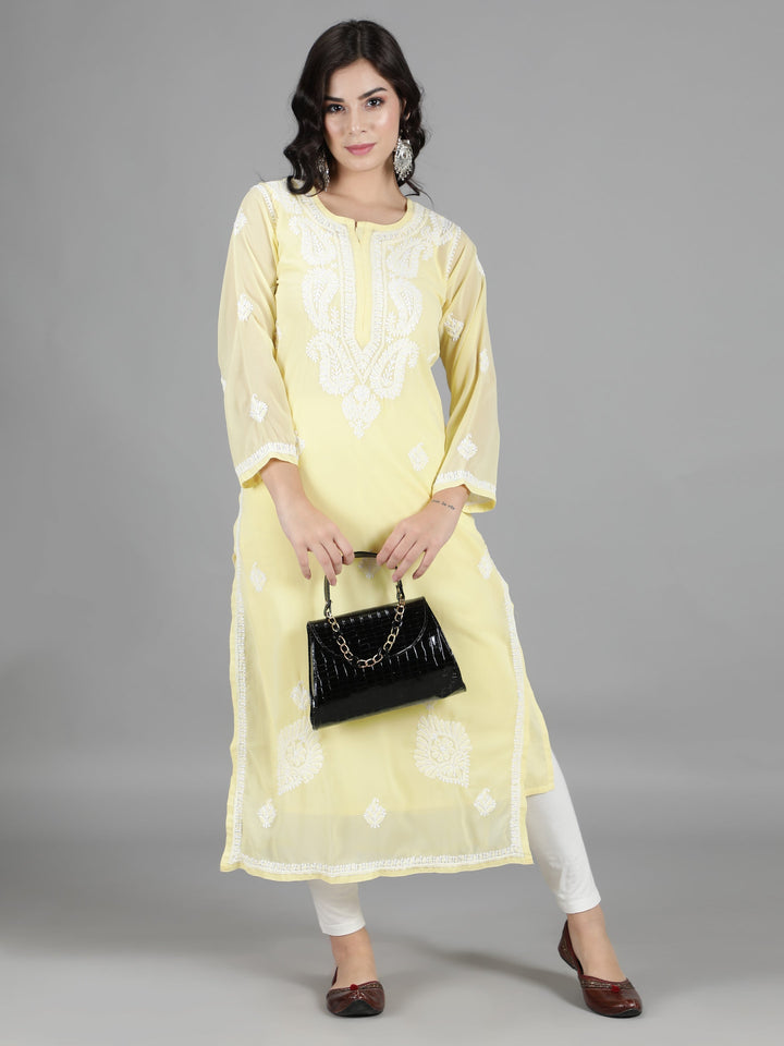 Yellow Georgette Chikan Kurta & Matching Slip