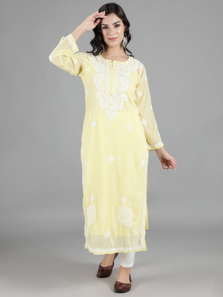 Yellow Georgette Chikan Kurta & Matching Slip
