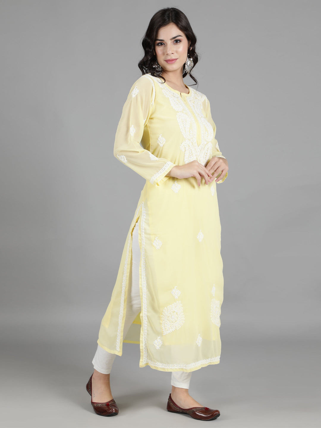 Yellow Georgette Chikan Kurta & Matching Slip
