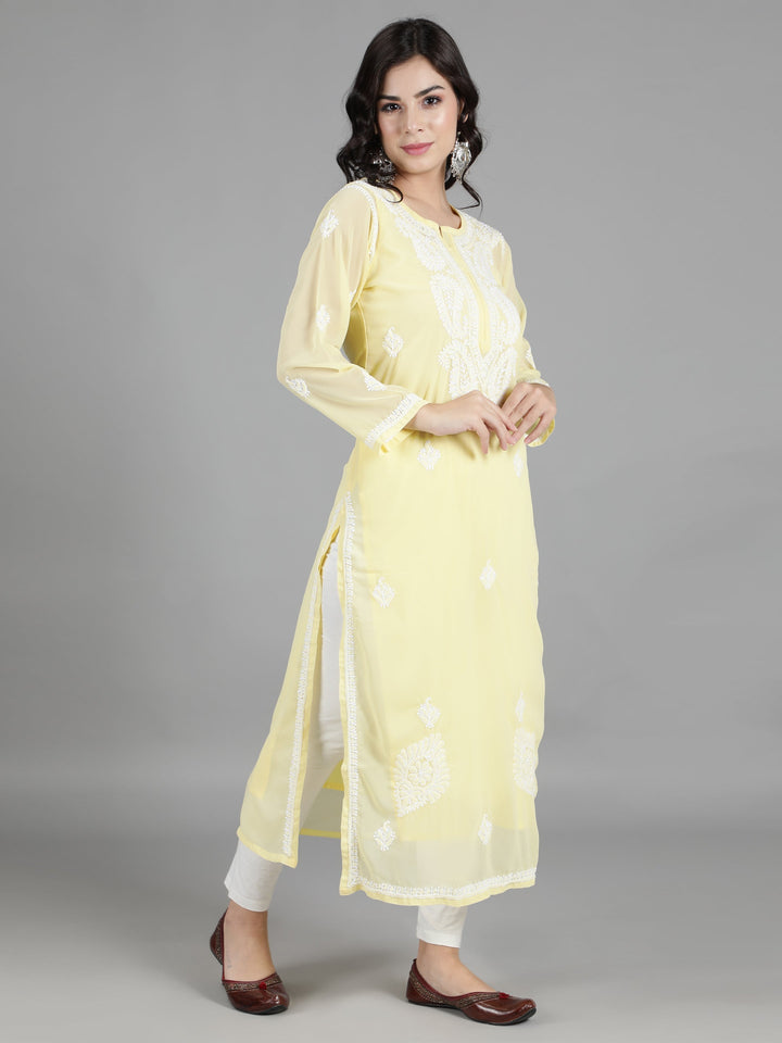 Yellow Georgette Chikan Kurta & Matching Slip