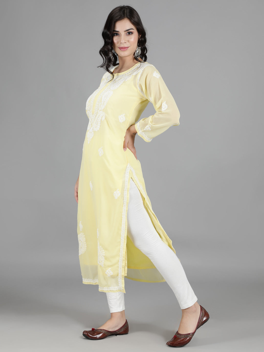 Yellow Georgette Chikan Kurta & Matching Slip