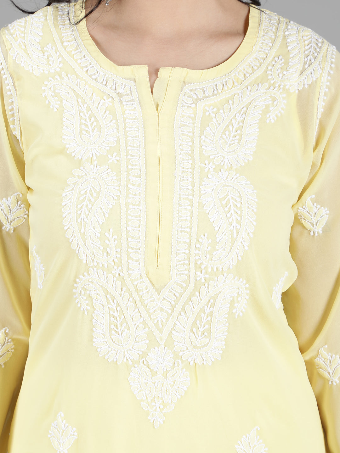 Yellow Georgette Chikan Kurta & Matching Slip