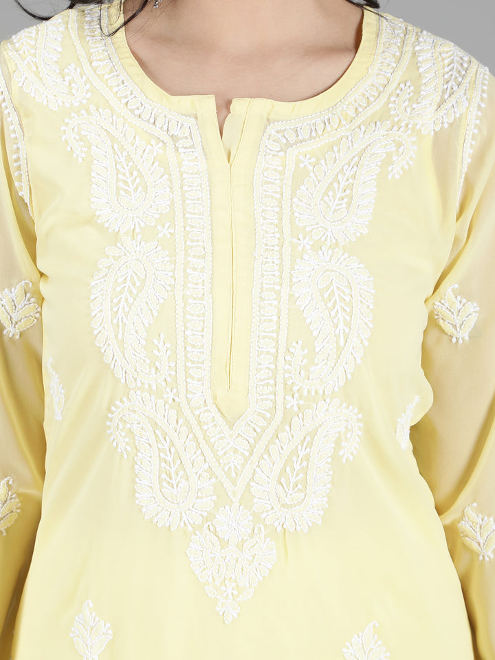 Yellow Georgette Chikan Kurta & Matching Slip