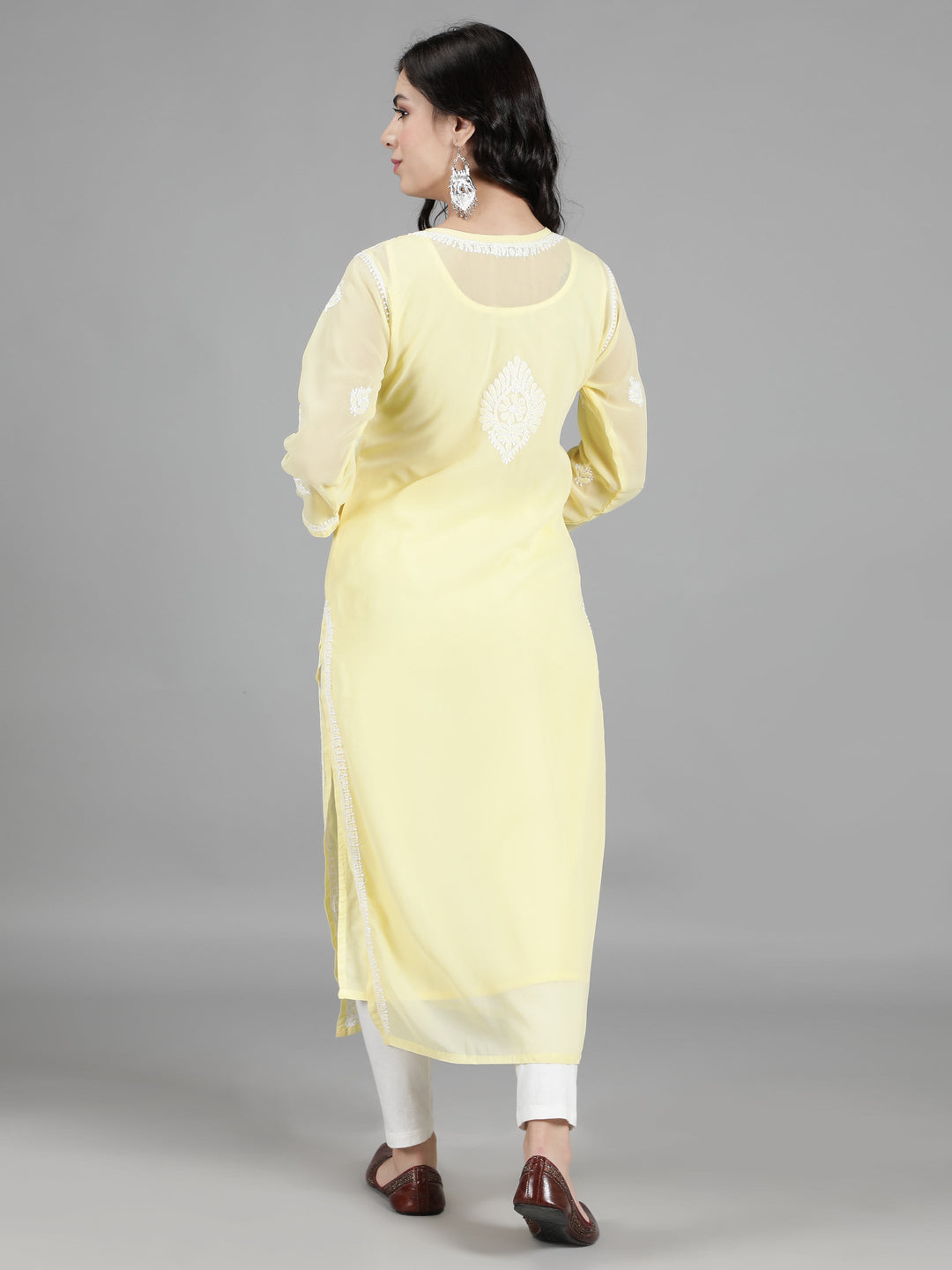 Yellow Georgette Chikan Kurta & Matching Slip