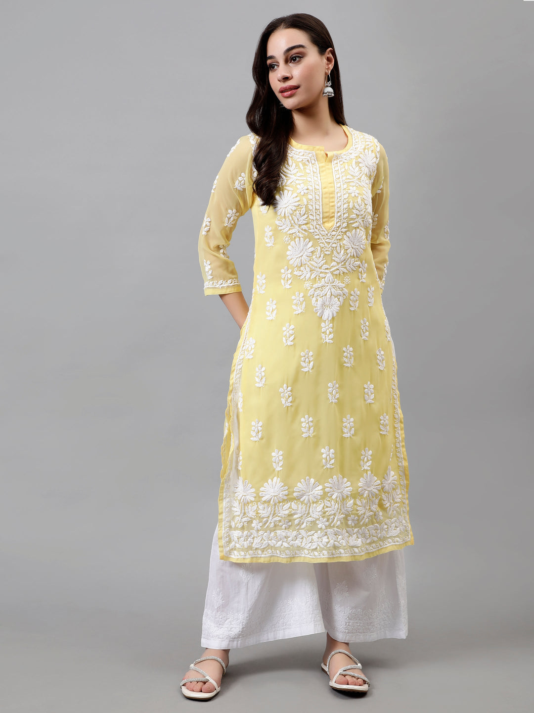 Yellow-Georgette-Embroidered-Chikankari-Kurta-with-Slip