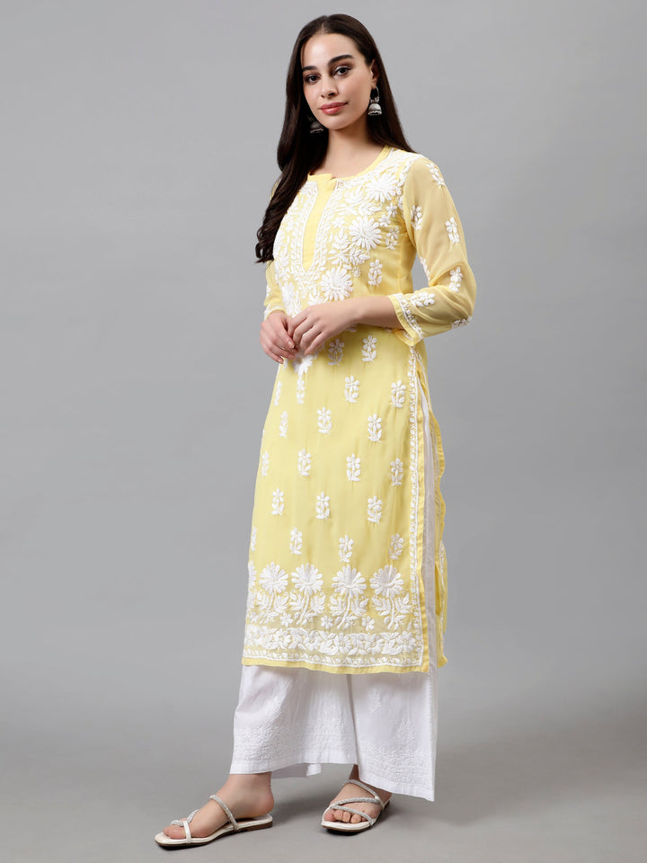Yellow-Georgette-Embroidered-Chikankari-Kurta-with-Slip