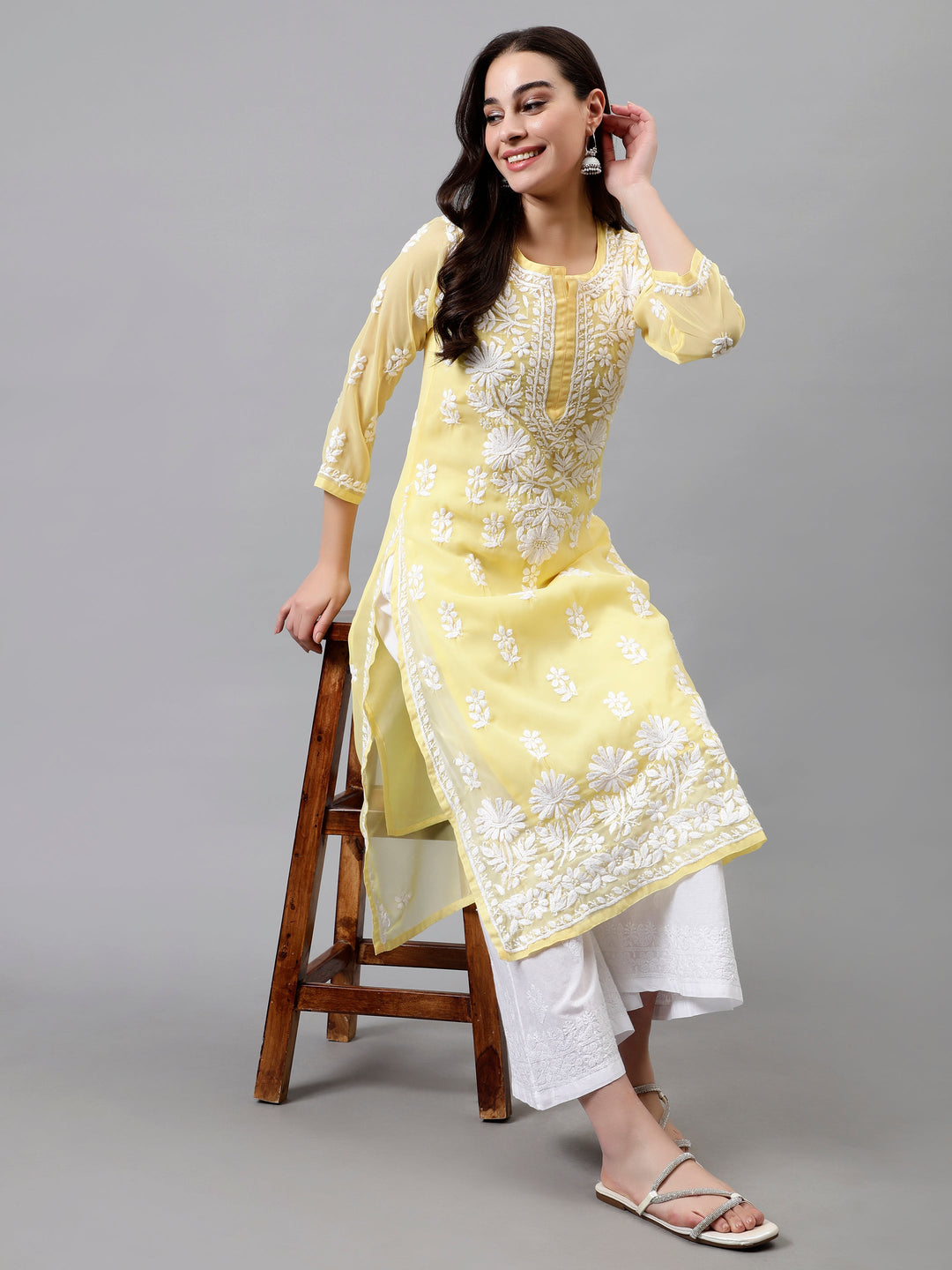 Yellow-Georgette-Embroidered-Chikankari-Kurta-with-Slip