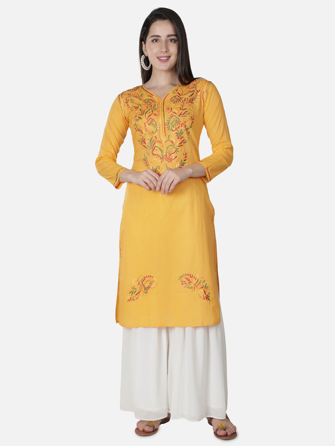 Yellow Kurta in Multicolor Ghaspatti Chikan Work