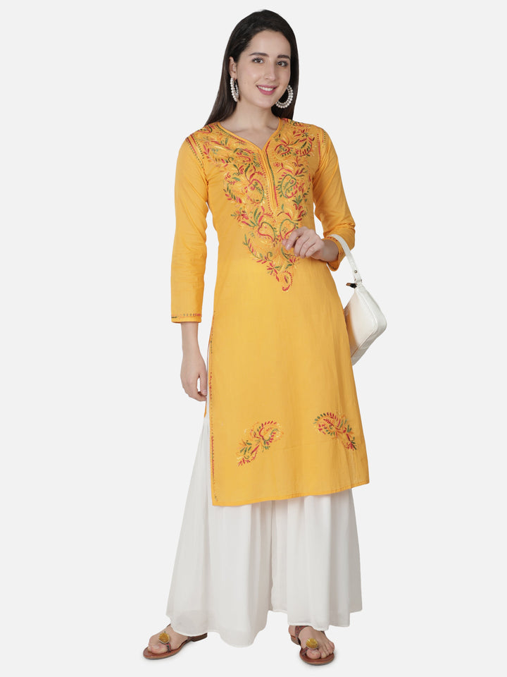 Yellow Kurta in Multicolor Ghaspatti Chikan Work