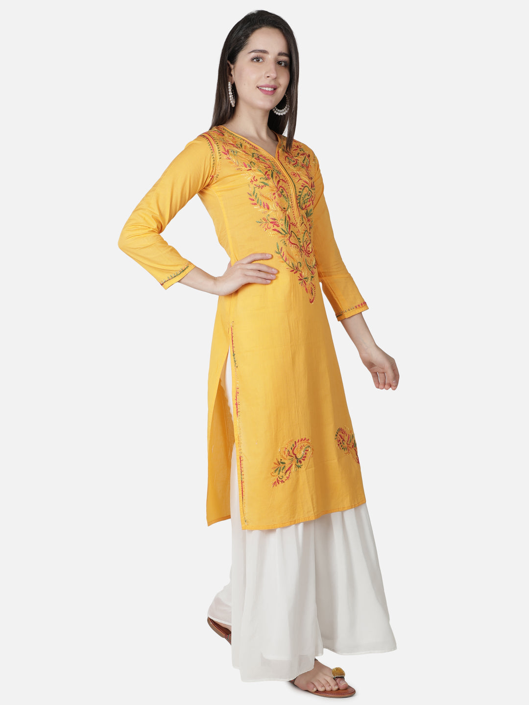 Yellow Kurta in Multicolor Ghaspatti Chikan Work