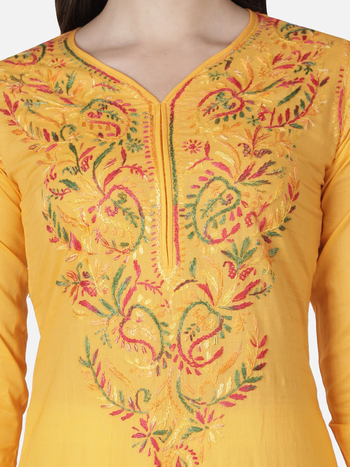 Yellow Kurta in Multicolor Ghaspatti Chikan Work