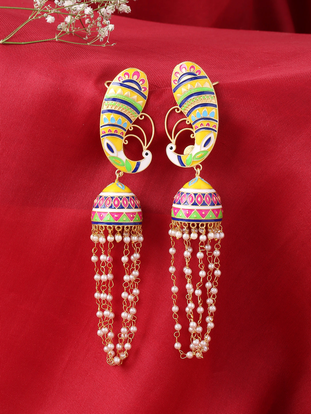 Yellow Meenakari Peacock Jhumka Earrings