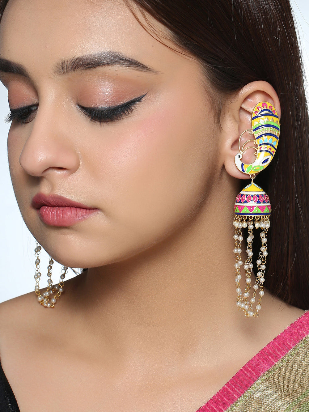 Yellow Meenakari Peacock Jhumka Earrings