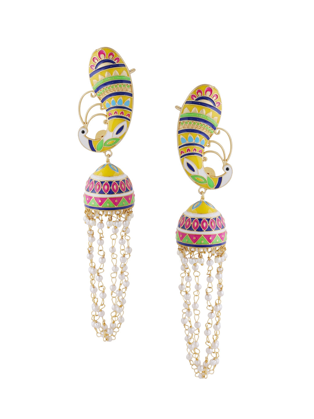 Yellow Meenakari Peacock Jhumka Earrings