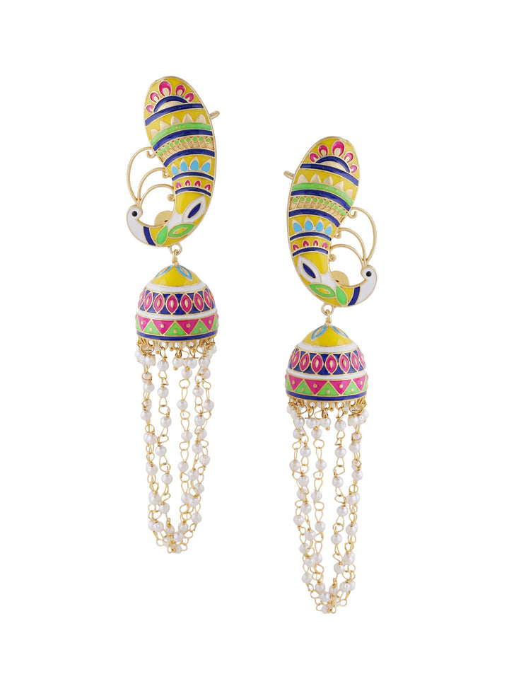 Yellow Meenakari Peacock Jhumka Earrings