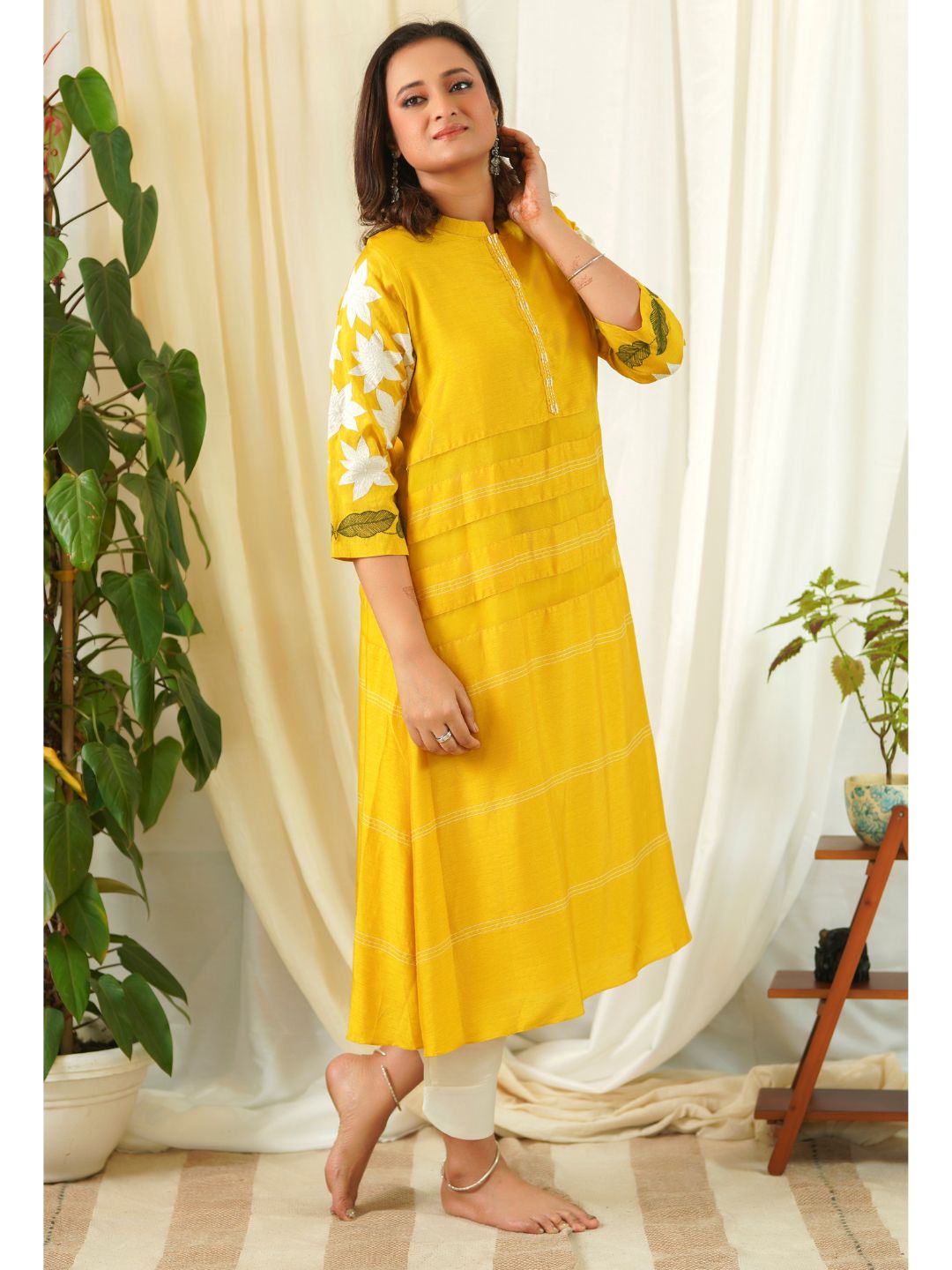 Yellow-Silk-A-line-Kurta-&-White-Cotton-Pants