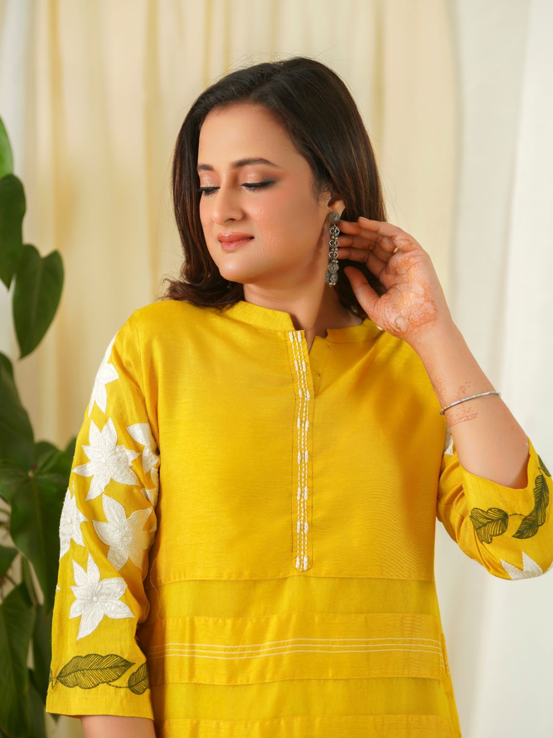 Yellow-Silk-A-line-Kurta-&-White-Cotton-Pants
