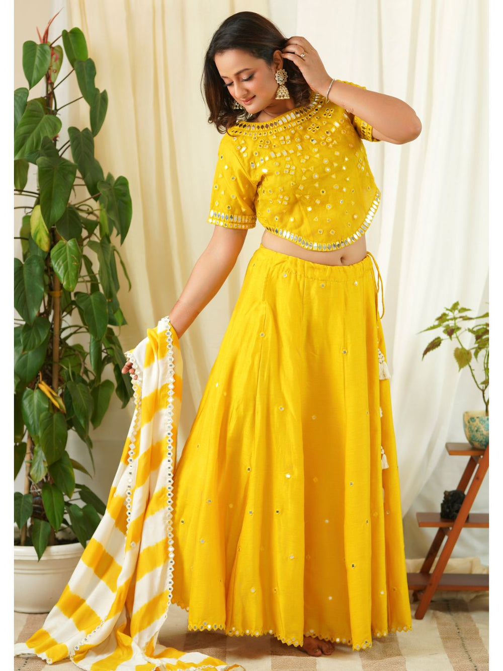 Yellow-Silk-Lehenga-&-Muslin-Leheriya-Dupatta