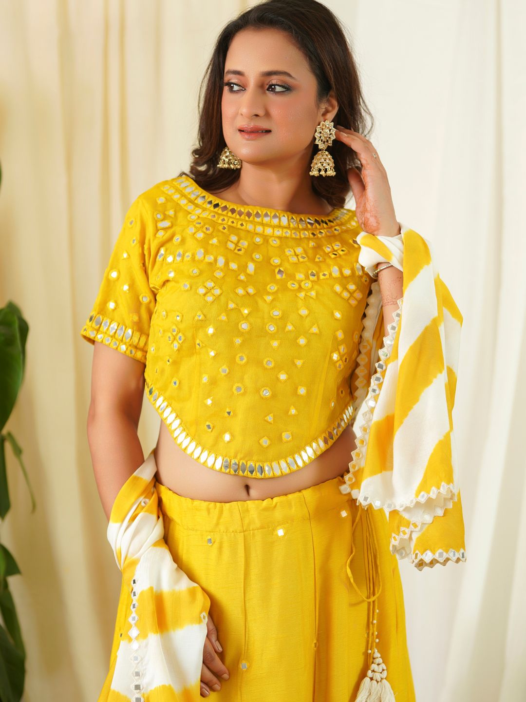 Yellow-Silk-Lehenga-&-Muslin-Leheriya-Dupatta