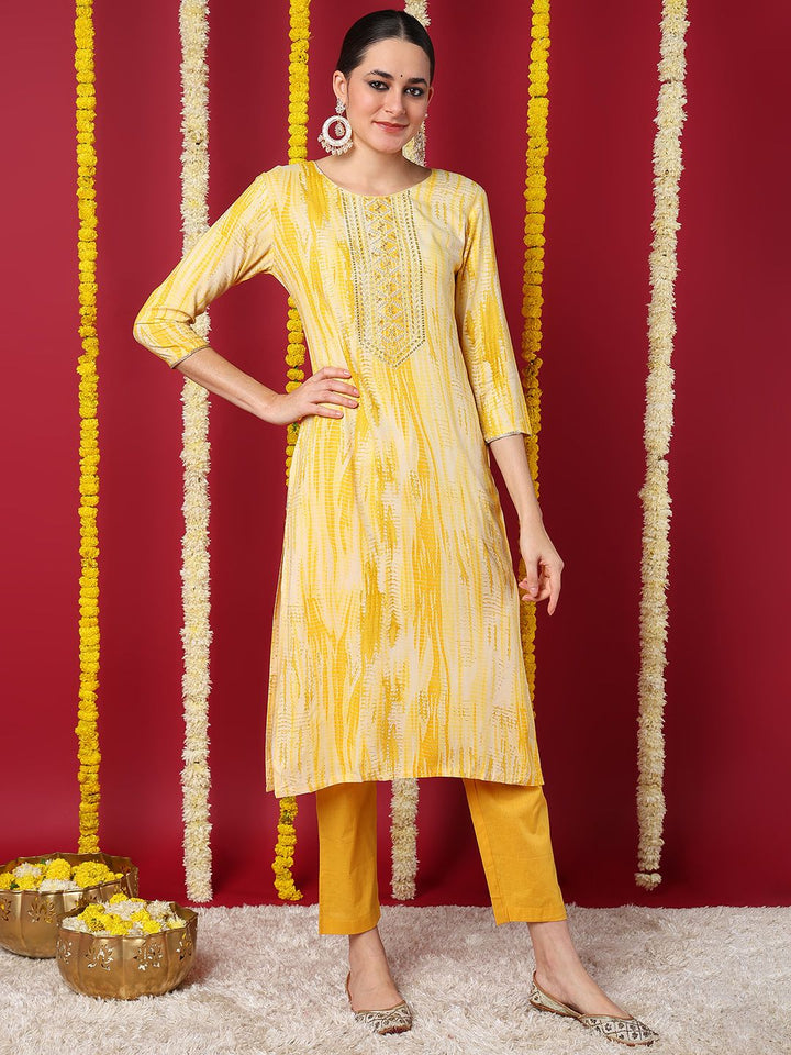 ZERESOUQ-Yellow-Viscose-Rayon-Abstract-Printed-Straight-Kurta