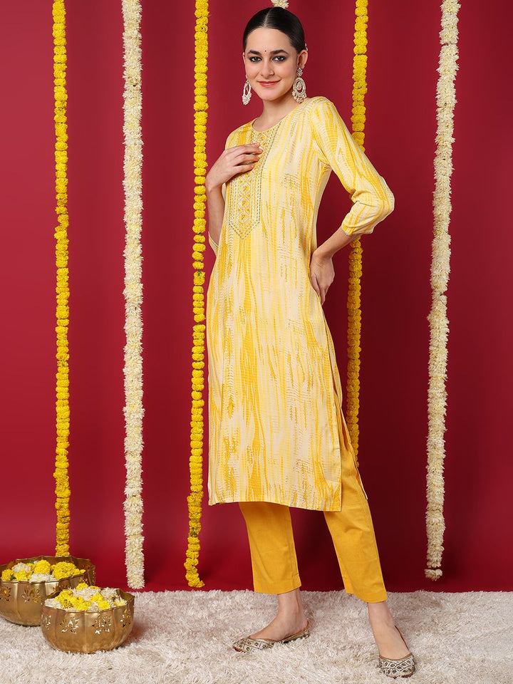ZERESOUQ-Yellow-Viscose-Rayon-Abstract-Printed-Straight-Kurta