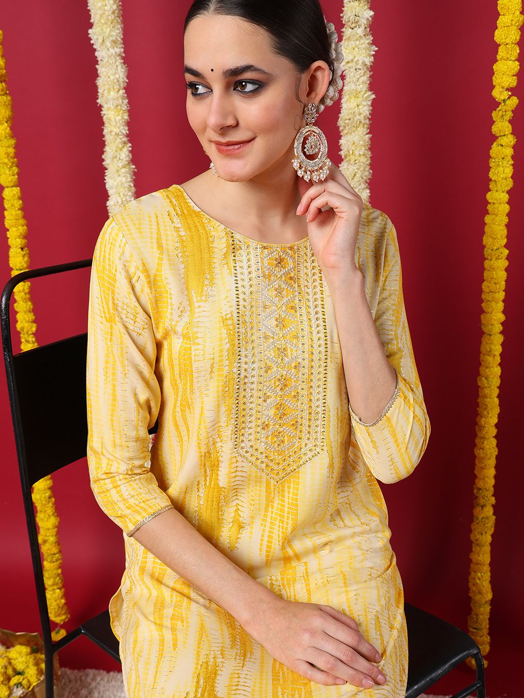 ZERESOUQ-Yellow-Viscose-Rayon-Abstract-Printed-Straight-Kurta