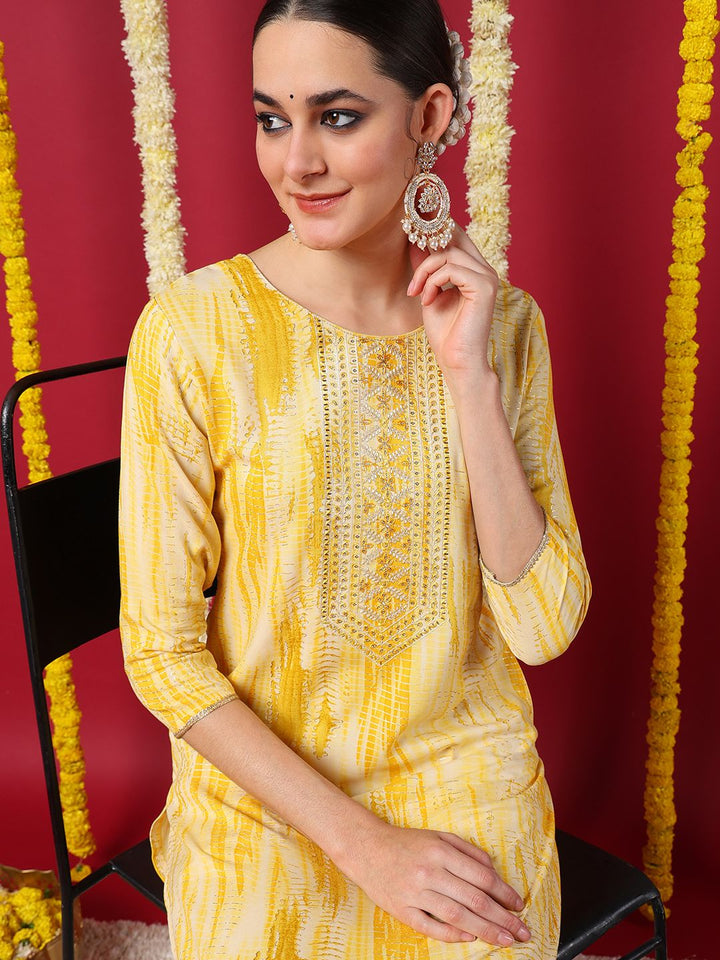 ZERESOUQ-Yellow-Viscose-Rayon-Abstract-Printed-Straight-Kurta