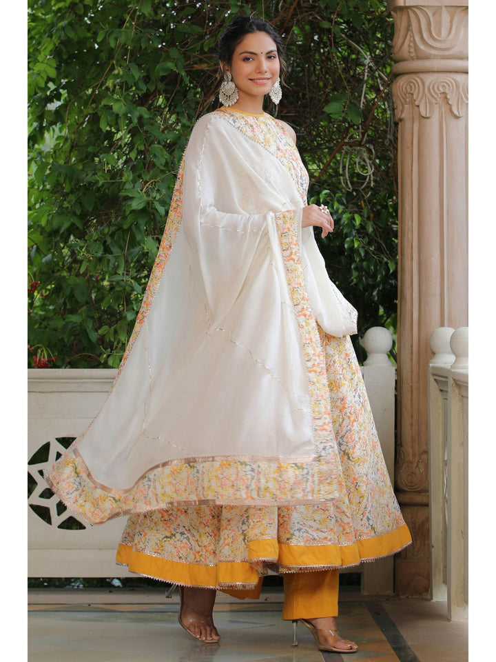 Yellow & White Cotton Halter Neck Anarkali Set