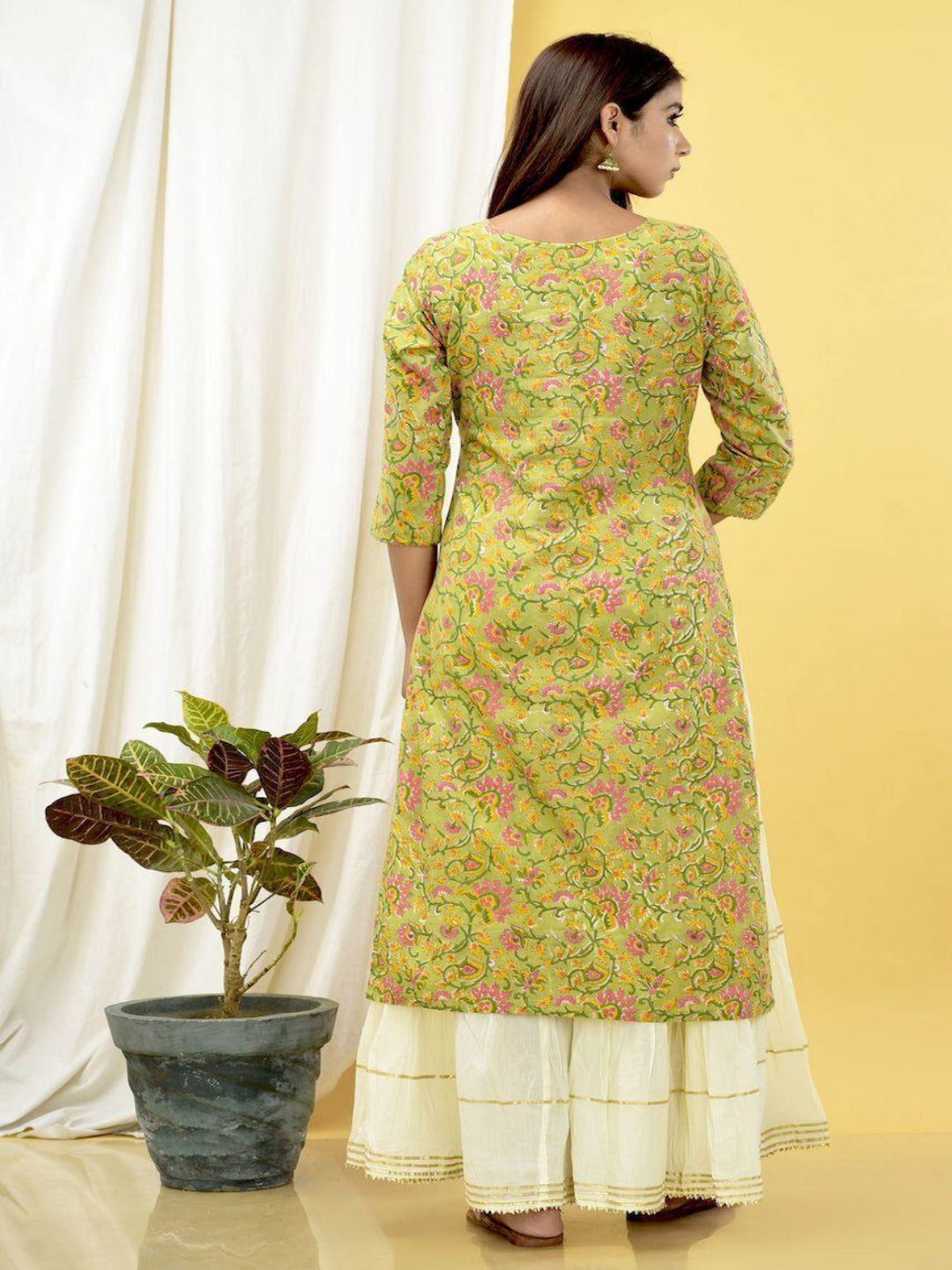 Green Floral Cotton Gota Laces Kurta Only