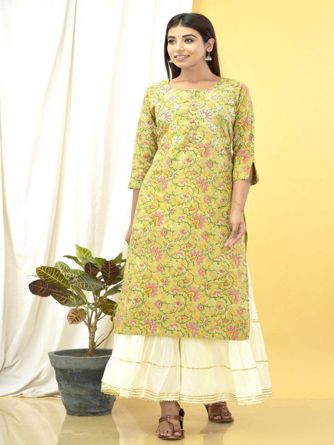 Green Floral Cotton Gota Laces Kurta Only