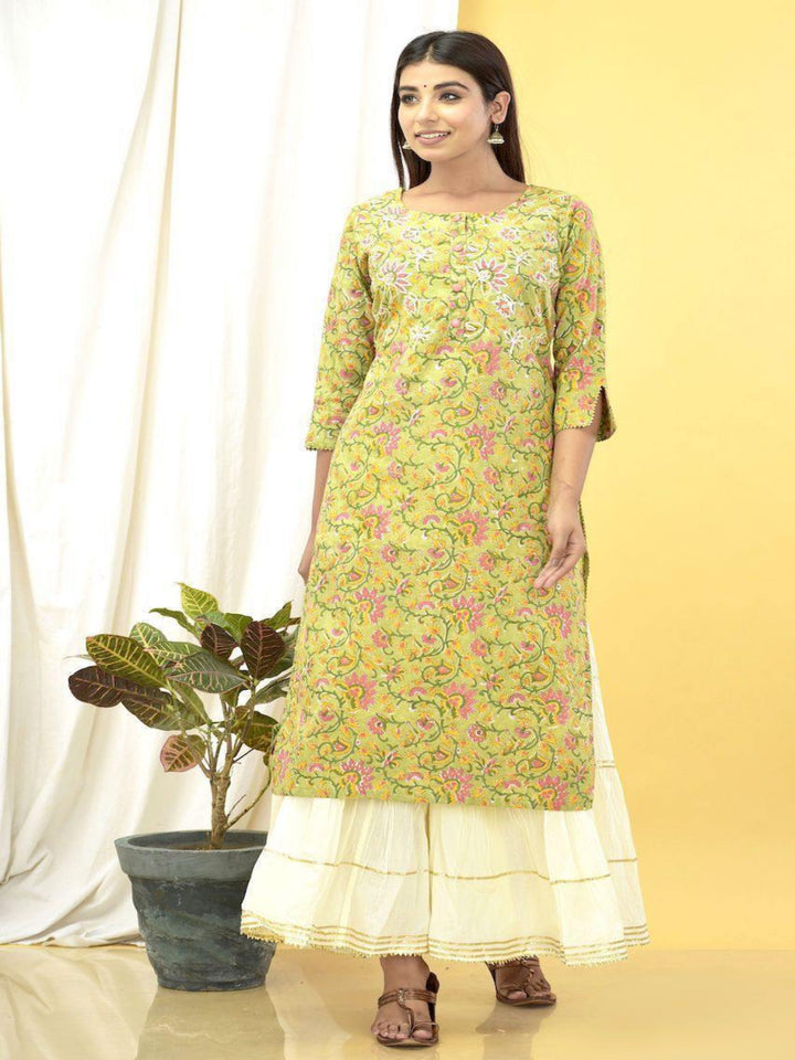 Green Floral Cotton Gota Laces Kurta Only