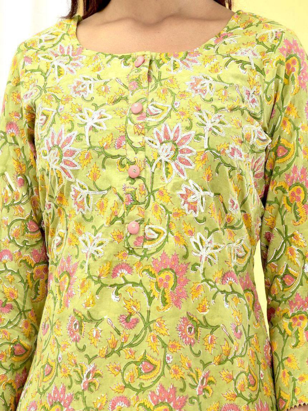 Green Floral Cotton Gota Laces Kurta Only