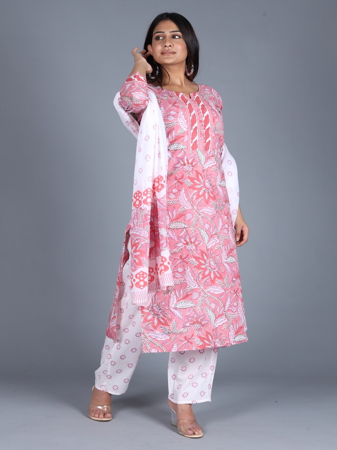Rozana Lily Pink Hand Printed Suit (Set Of 3)