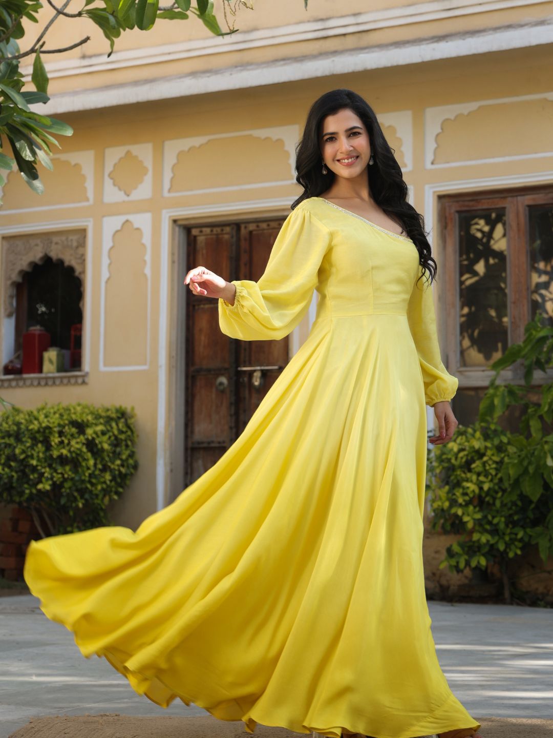 Zeeana-Yellow-Viscose-Muslin-Ombre-Gown