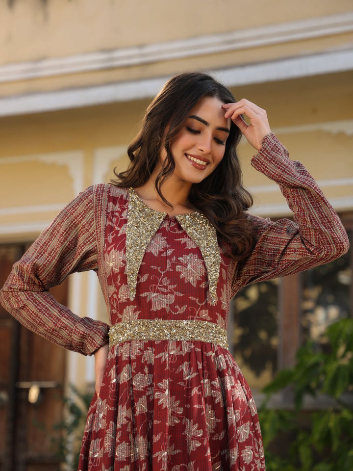 Zynah-Maroon-Capsule-Rayon-Printed-Gown