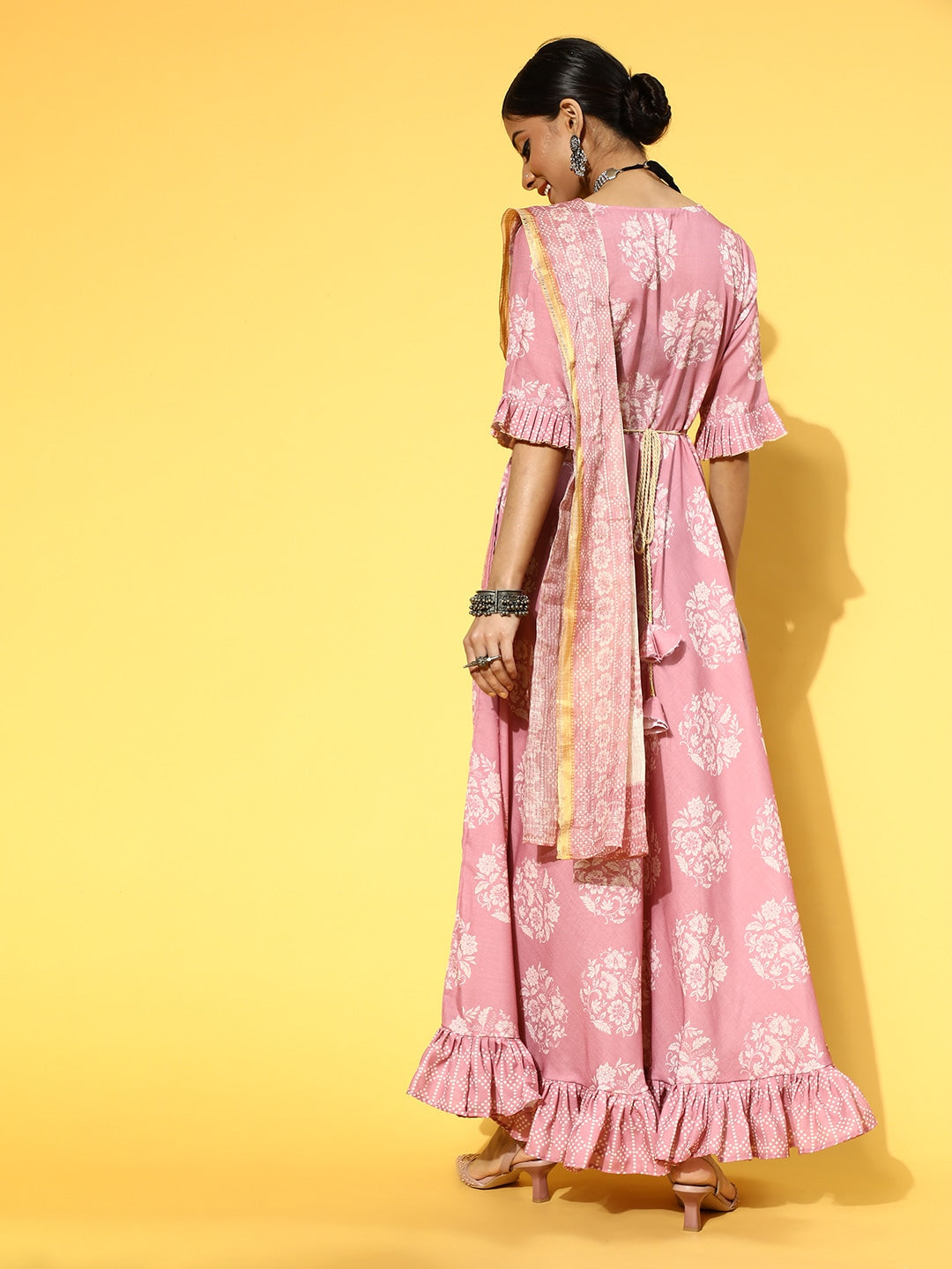 Pink-&-White-Ethnic-Ruffles-Dupatta-Dress-9603DRSPK