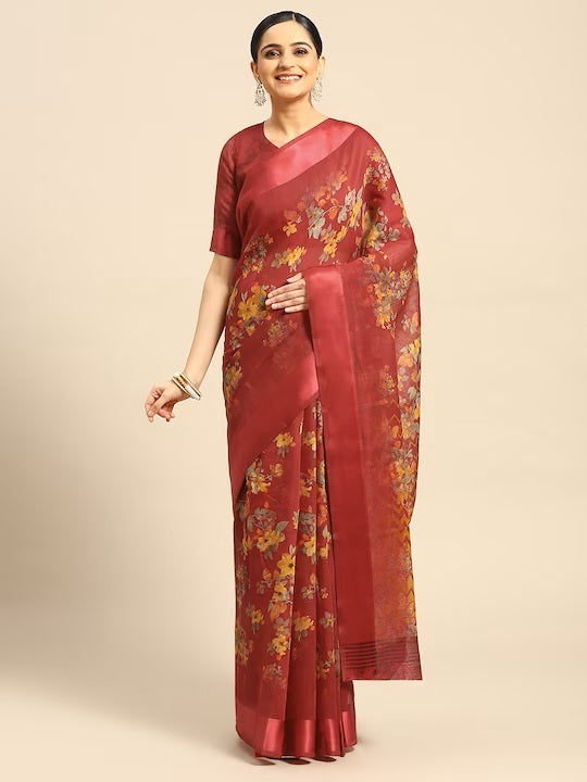 ZERESOUQ-Red-Cotton-Blend-Printed-Classy-Saree